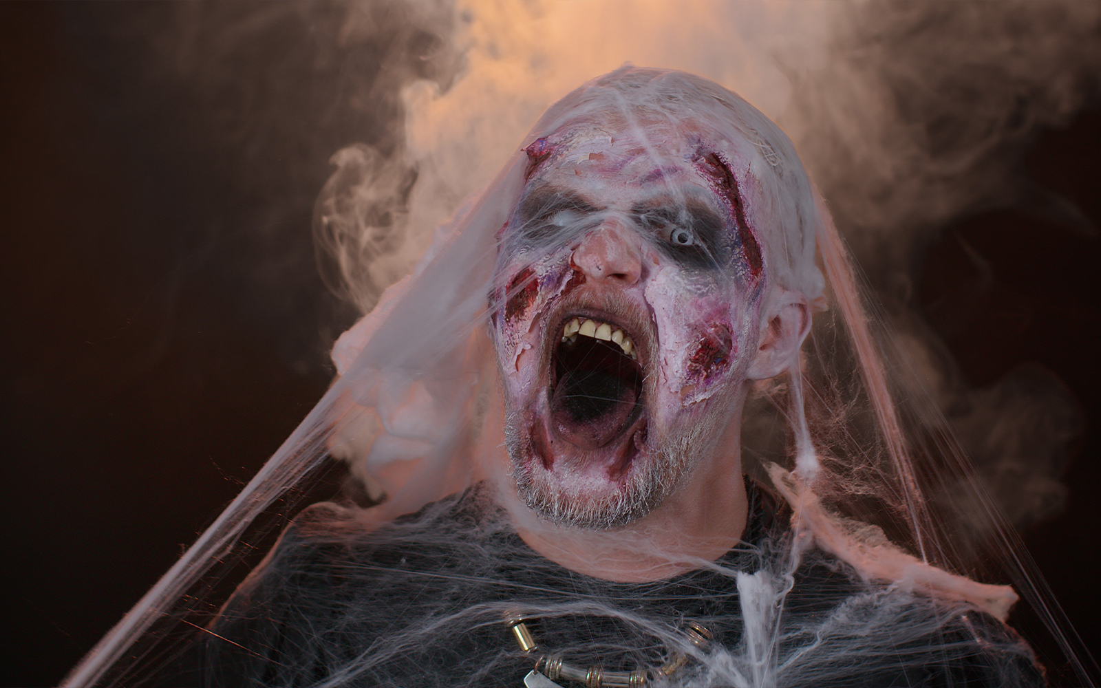 Zombie costume with cobwebs at Fright Dome, Las Vegas.