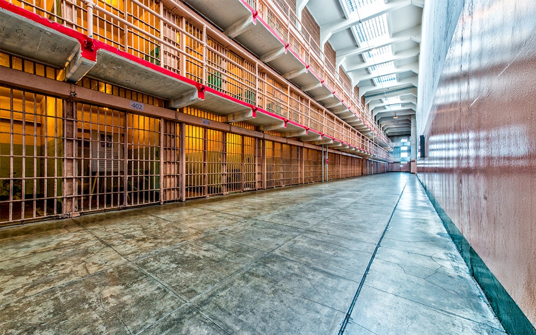 Alcatraz Island prison cell block interior, California.