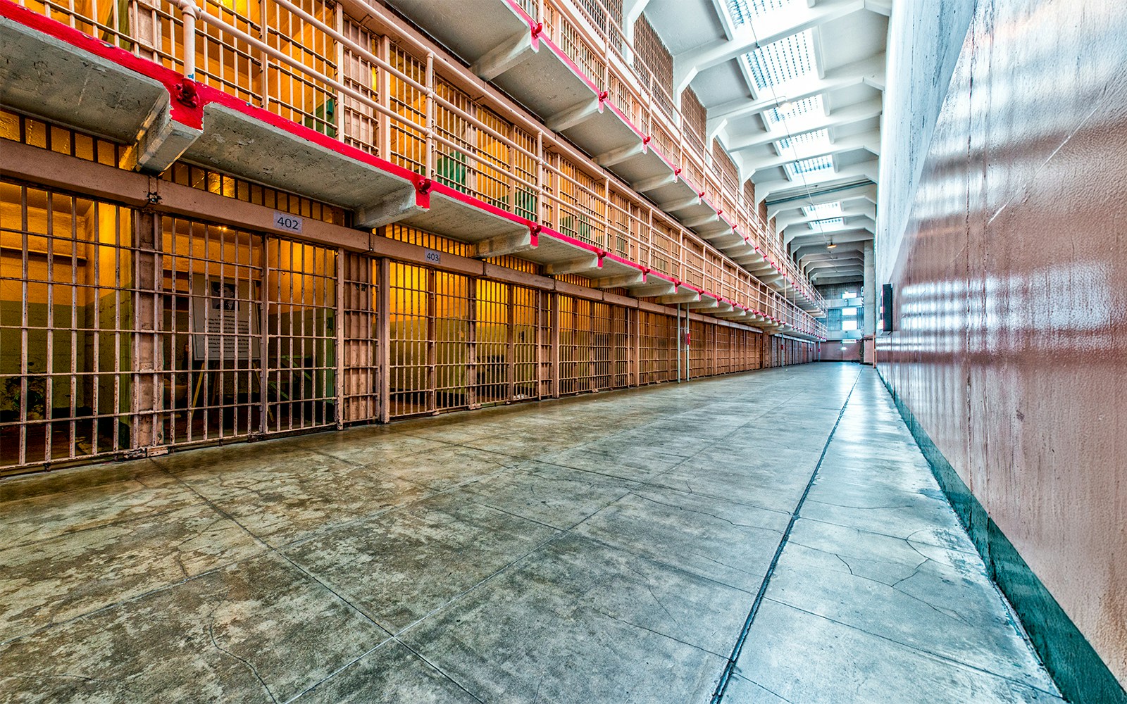 Alcatraz Island prison cell block interior, California.