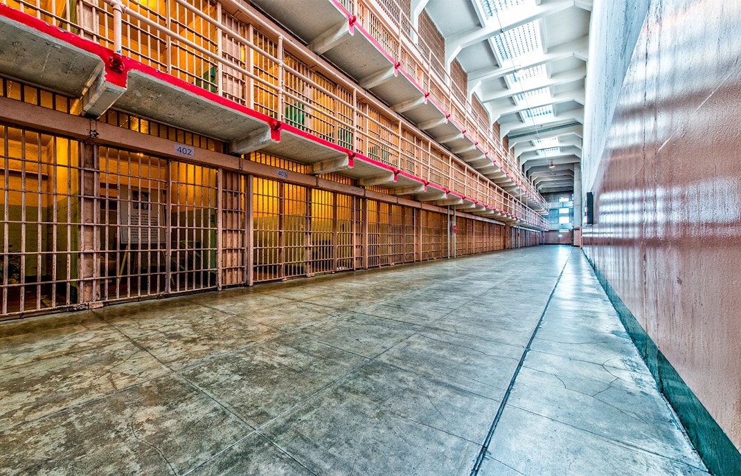 Alcatraz Island prison cell block interior, California.
