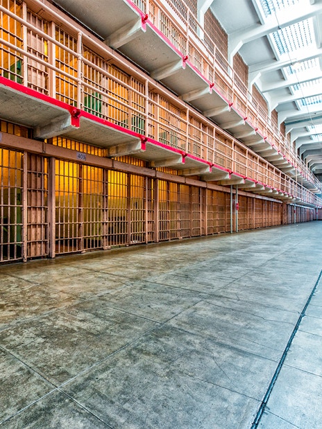 Alcatraz Island prison cell block interior, California.