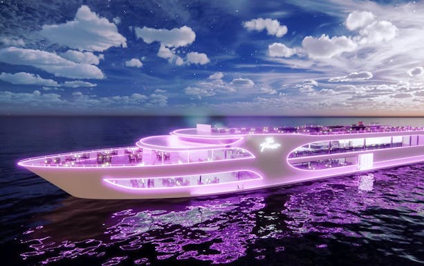 Cruise ship with purple lights at Asiatique Pier during Planet Cruise Dinner.