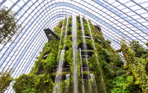 Waterfall cascading over lush greenery inside Cloud Forest Dome, Gardens by the Bay, Singapore.