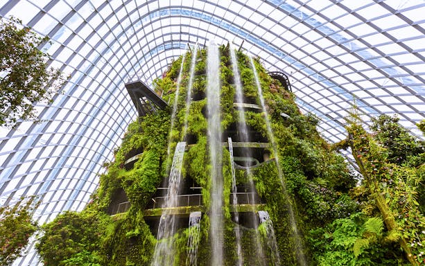 Waterfall cascading over lush greenery inside Cloud Forest Dome, Gardens by the Bay, Singapore.