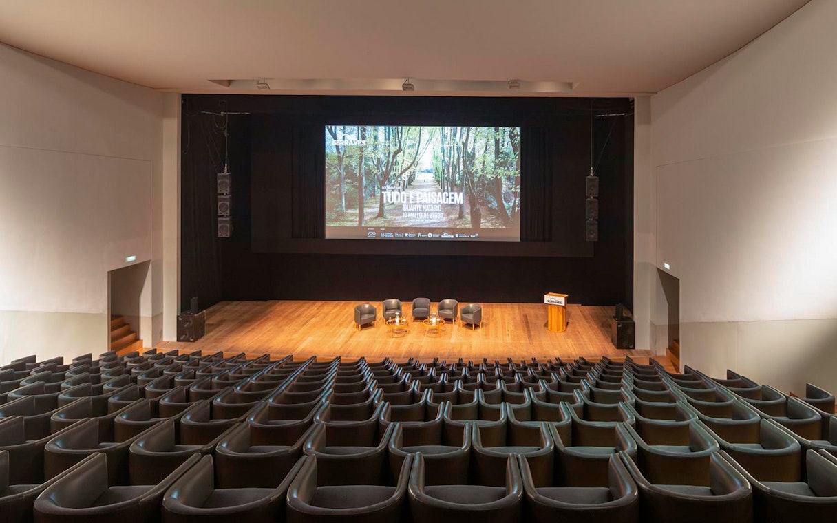Auditorium at Serralves Foundation with stage and screen in Porto, Portugal.