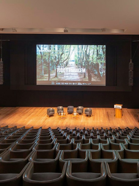 Auditorium at Serralves Foundation with stage and screen in Porto, Portugal.