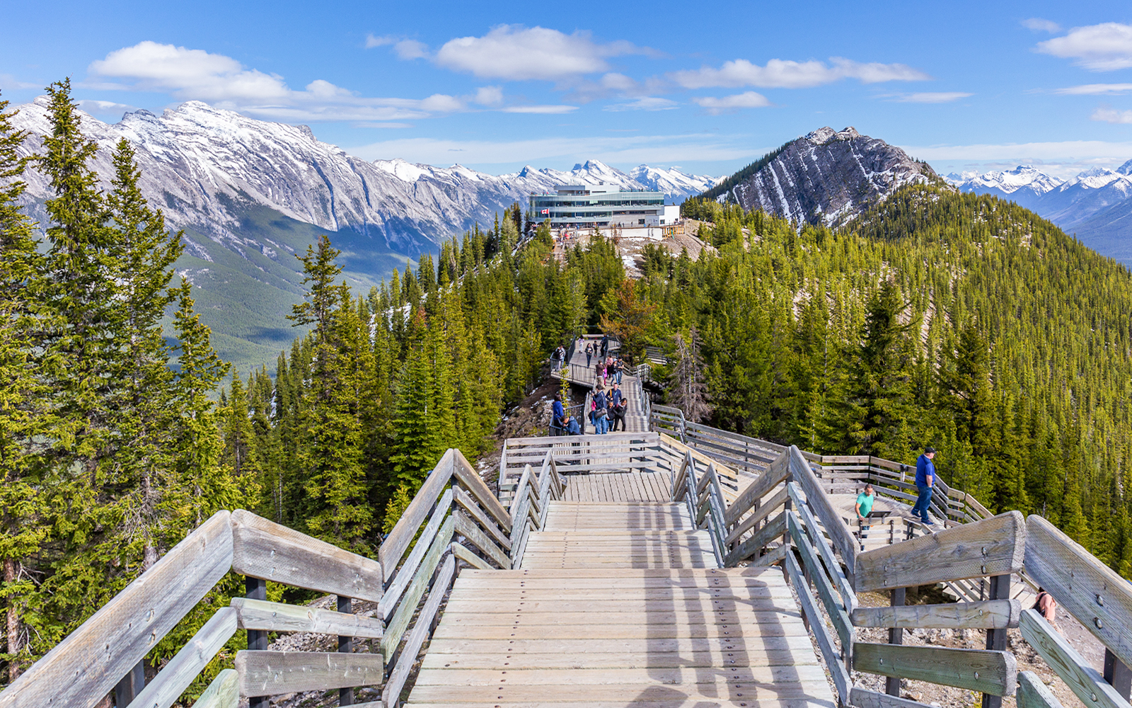 Tourists walking on boardwalk at Sulphur Mountain summit, Banff, Canada with mountain views.