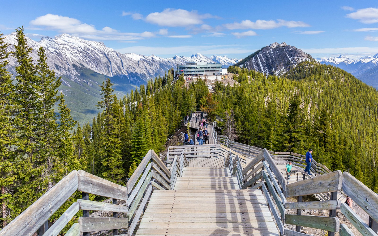 Tourists walking on boardwalk at Sulphur Mountain summit, Banff, Canada with mountain views.