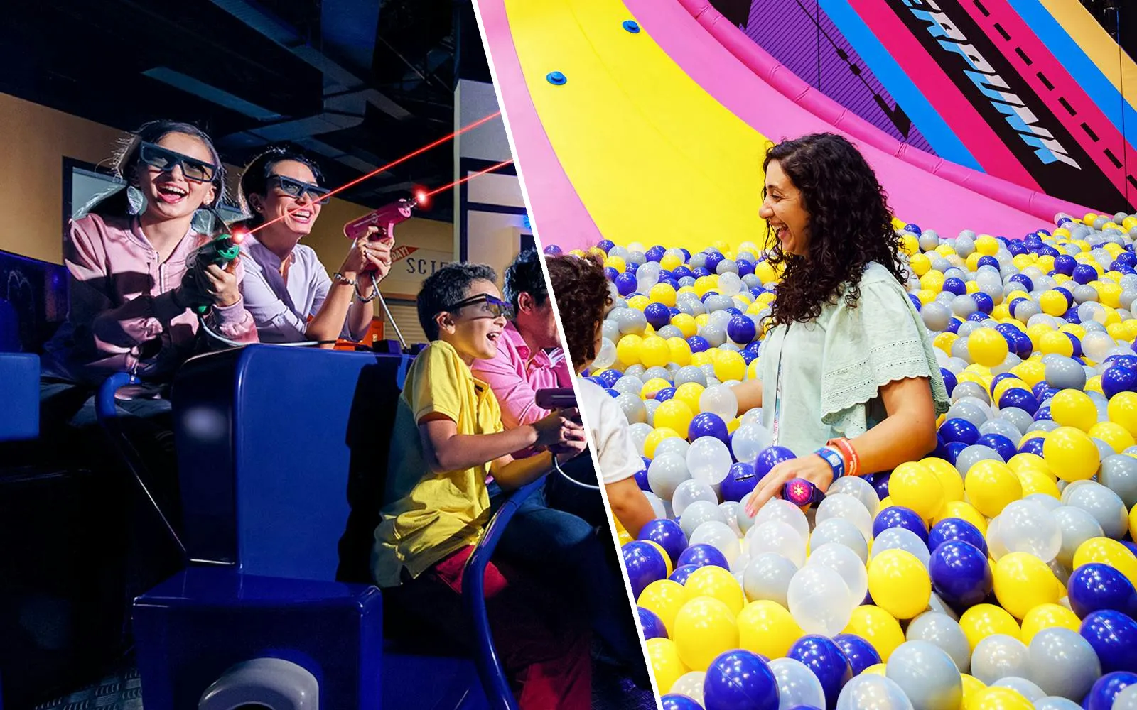 Visitors enjoying interactive rides and ball pit at IMG Worlds of Adventure, Dubai.