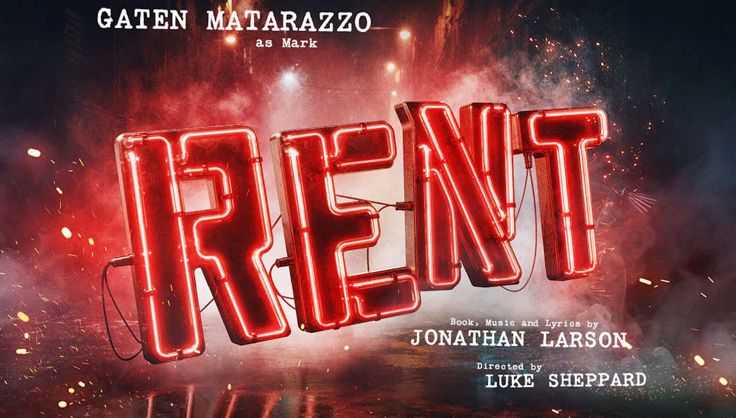 Rent musical poster with neon lights, West End production details.