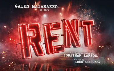 Rent musical poster with neon lights, West End production details.