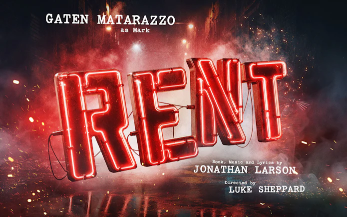 Rent musical poster with neon lights, West End production details.