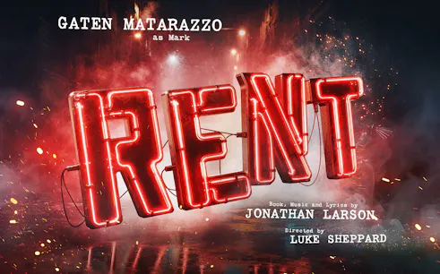 Rent musical poster with neon lights, West End production details.