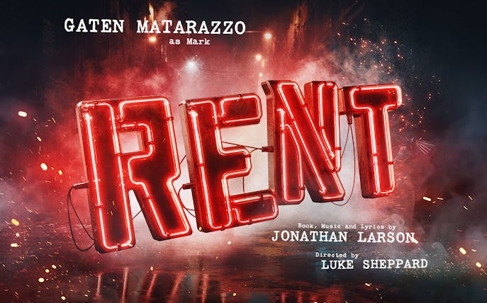 Rent musical poster with neon lights, West End production details.