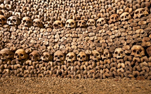 Skulls and bones arranged in the Paris Catacombs.