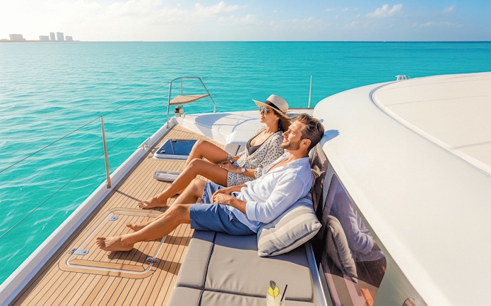 Tourists relaxing with drinks on a catamaran, Isla Mujeres tour.