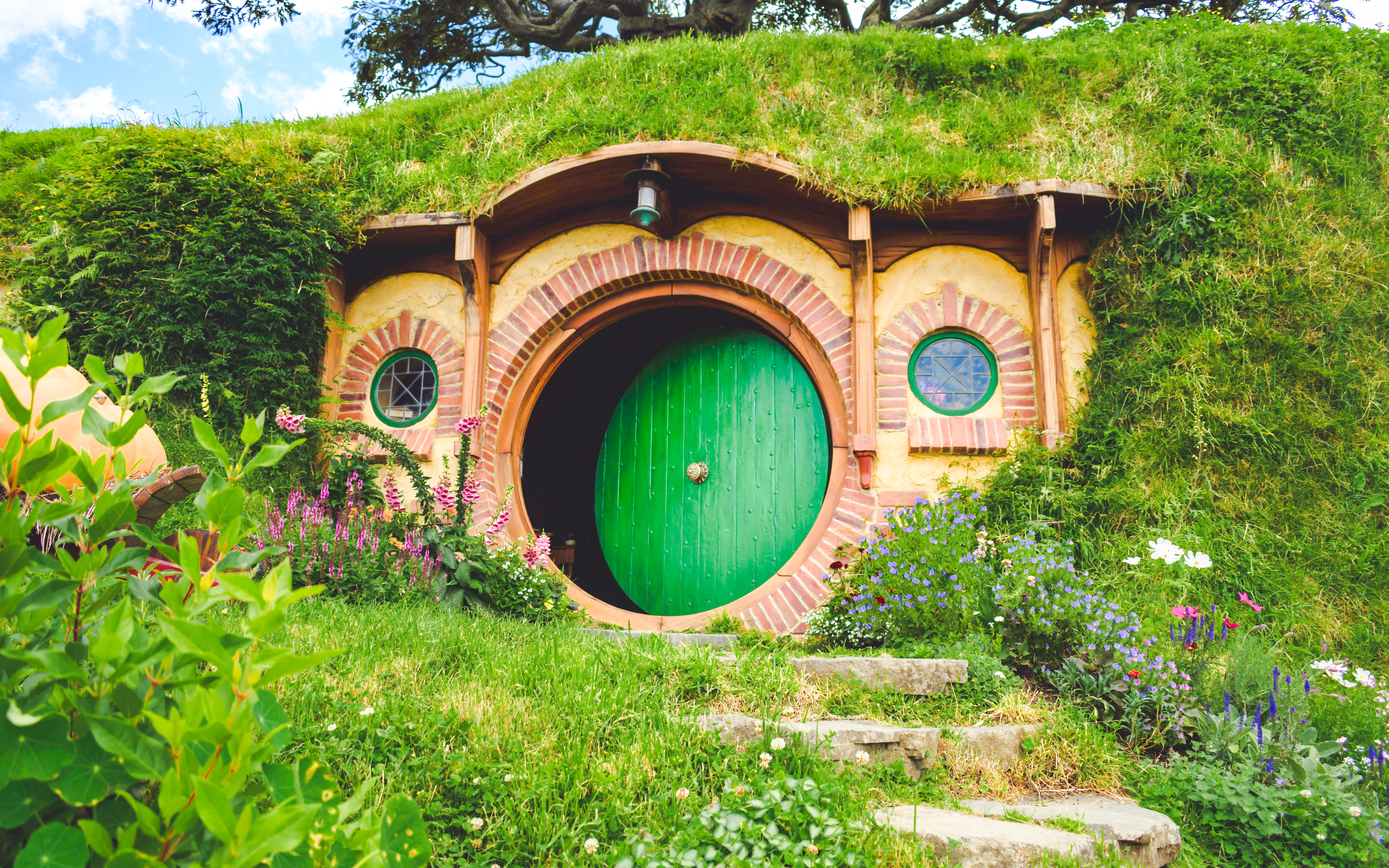Hobbiton movie set tour featuring Bag End with green door and garden.