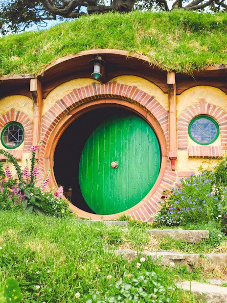 Hobbiton movie set tour featuring Bag End with green door and garden.
