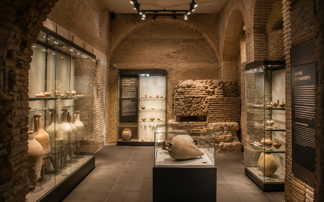 Ancient artifacts displayed in the San Clemente Underground, Rome.