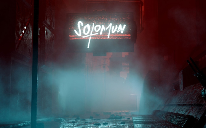 Solomun sign glowing in a misty alley, Pacha Ibiza