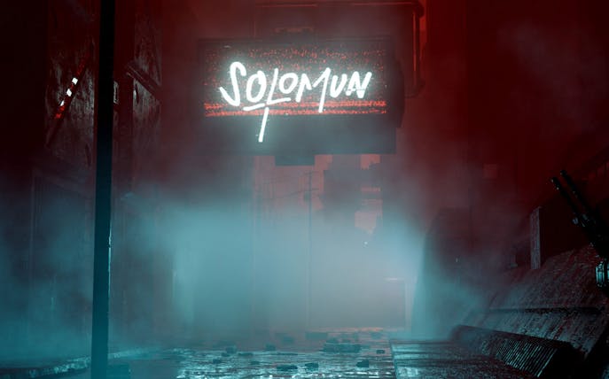 Solomun sign glowing in a misty alley, Pacha Ibiza