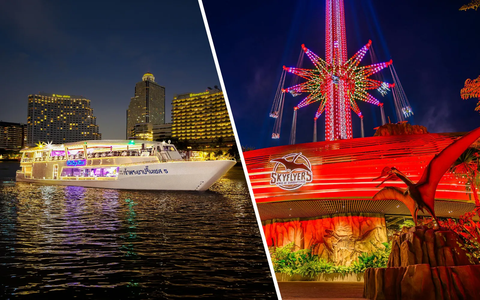 Chao Phraya Princess cruise on river and SkyFlyers ride at Asiatique Bangkok lit up at night.