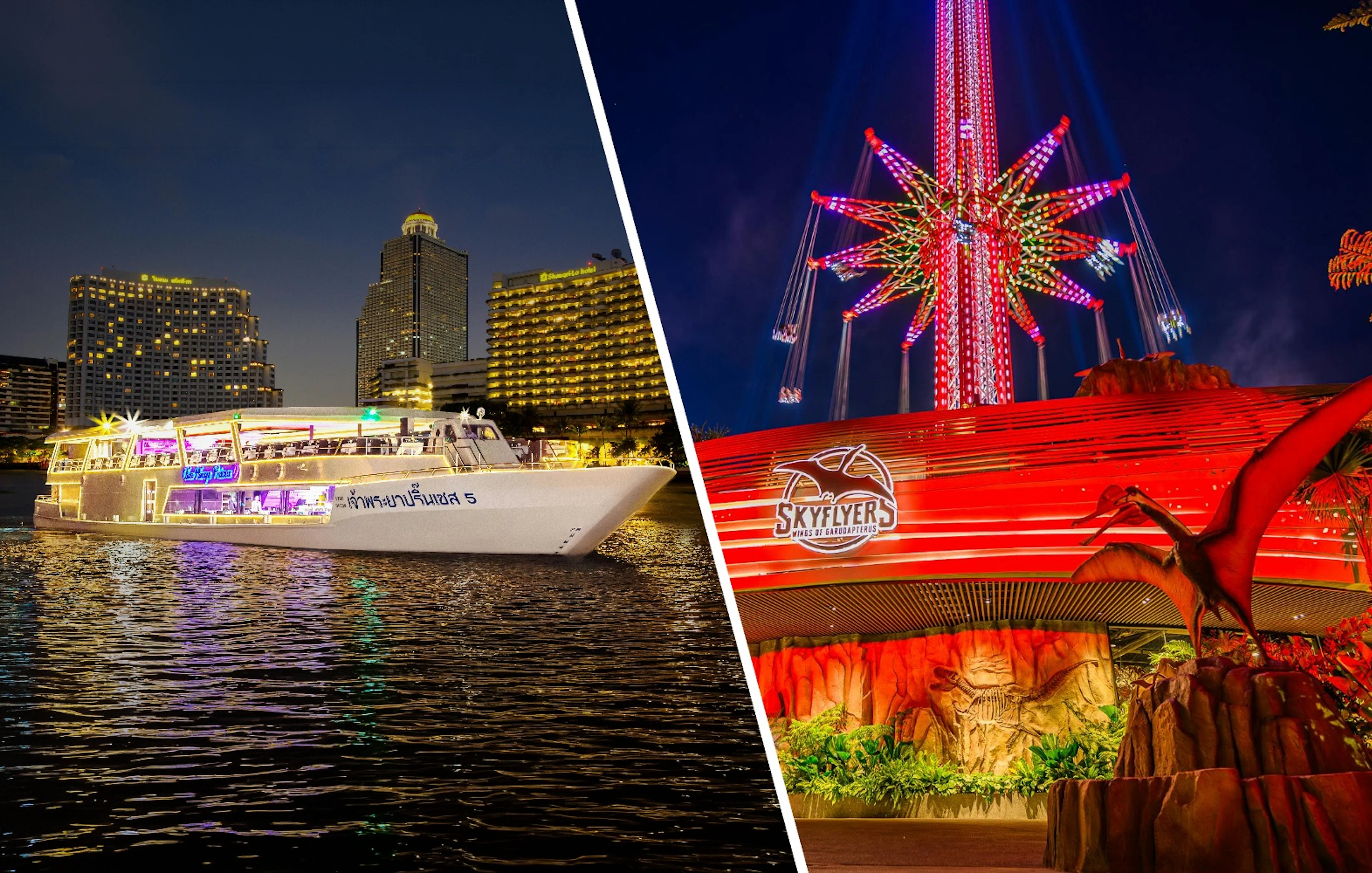 Chao Phraya Princess cruise on river and SkyFlyers ride at Asiatique Bangkok lit up at night.