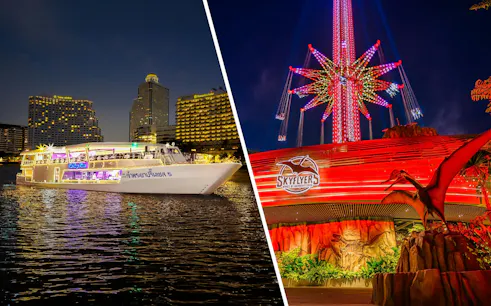 Chao Phraya Princess cruise on river and SkyFlyers ride at Asiatique Bangkok lit up at night.