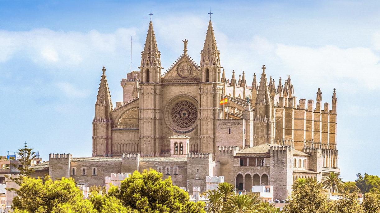 Palma Cathedral exterior with Gothic architecture in Palma de Mallorca, Spain.