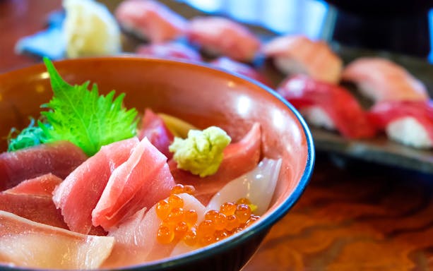 Sashimi bowl with tuna and salmon roe on a day trip through the Keikyu Line to Misaki Maguro.