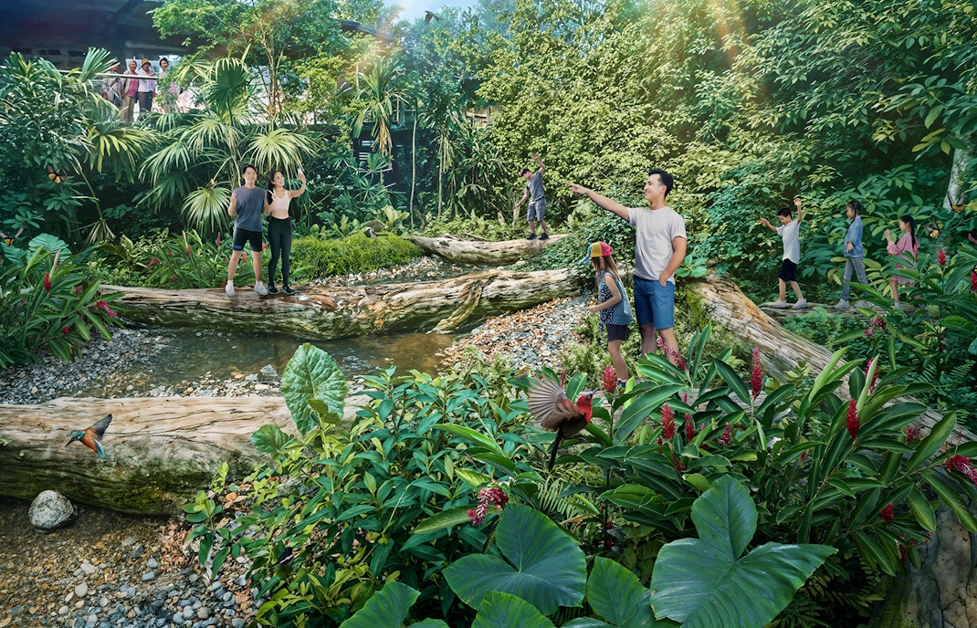 Visitors exploring lush greenery and wildlife in Rainforest Wild Asia.