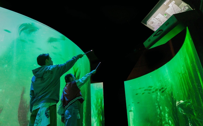 Visitors using wands in an interactive Harry Potter Visions of Magic exhibit.