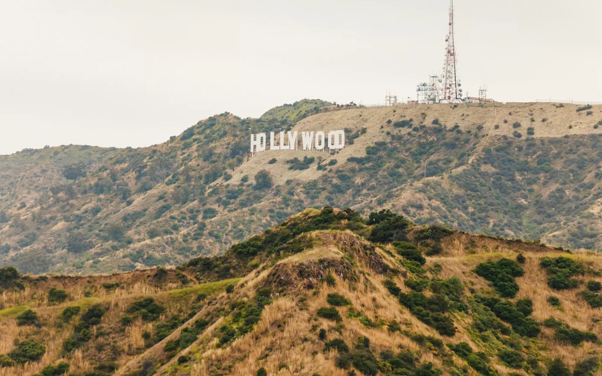 Hollywood Sign on hills overlooking Los Angeles, California.