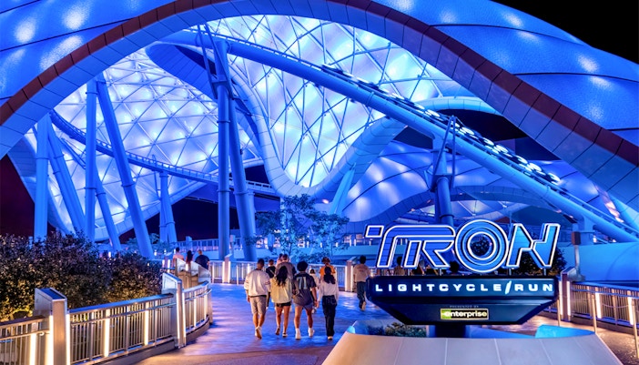 Visitors walking towards Tron Lightcycle ride at Magic Kingdom, Walt Disney Resort, Orlando.