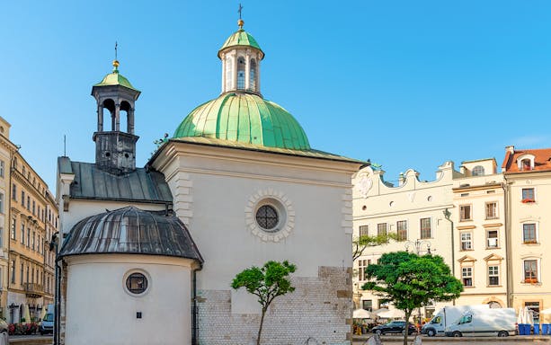 St. Adalbert's Church with green dome in Krakow's Old Town.