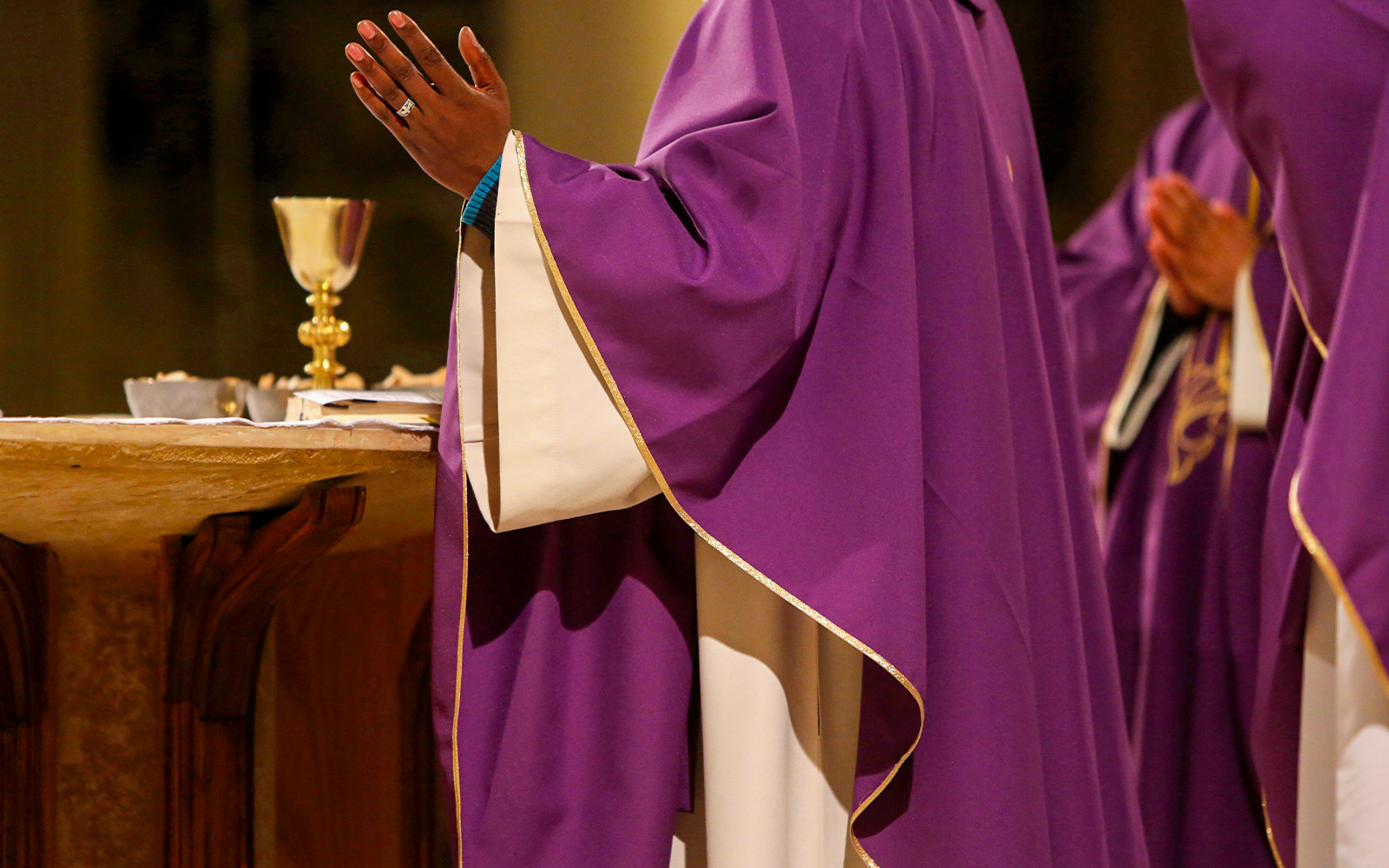 Notre Dame Cathedral interior during Mass, Paris, France.