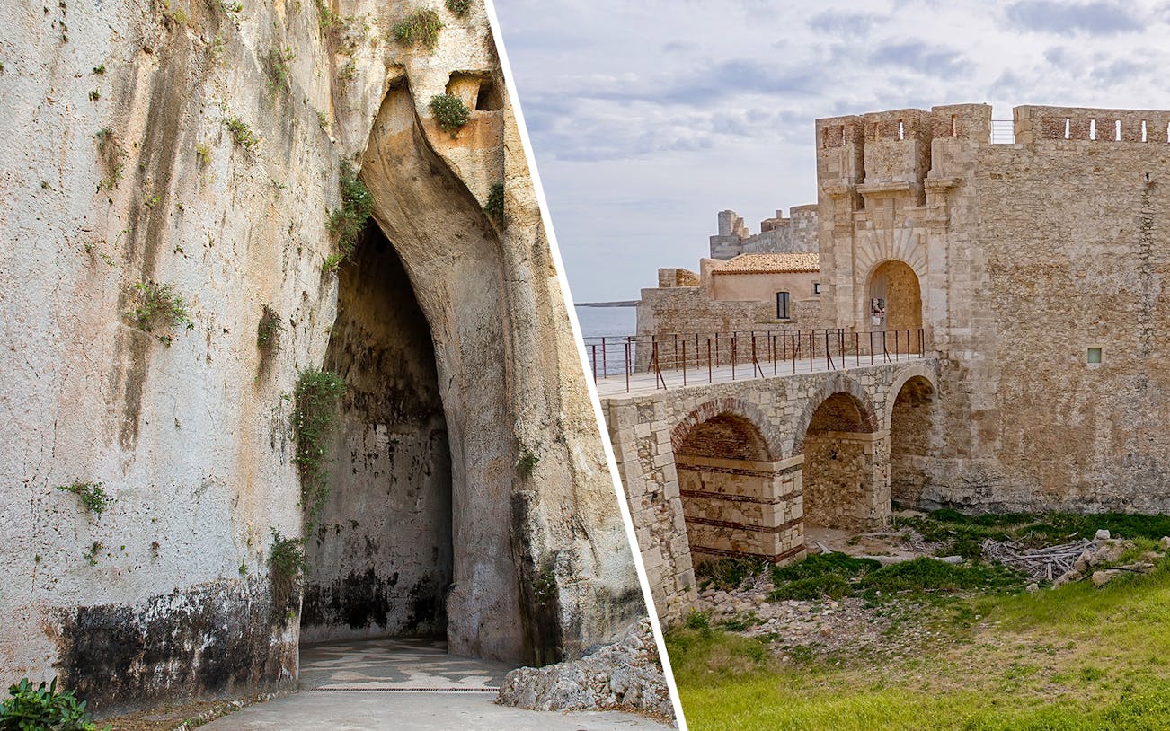 Ancient cave entrance and historic stone fortress in Syracuse, Sicily.