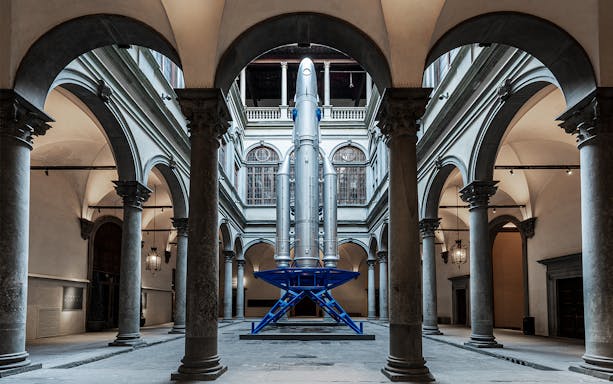Rocket sculpture in Palazzo Strozzi courtyard, Florence, for "Reaching for the Stars" exhibition.