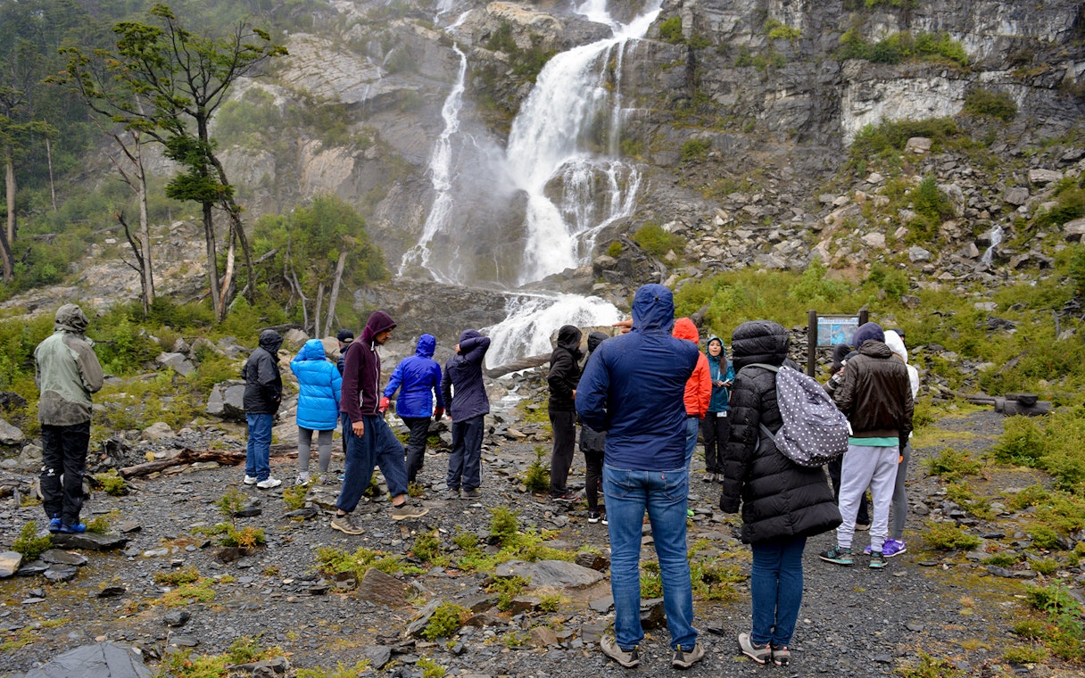 Tourists with guide at Mayo Spirit Trek, Los Glaciares National Park, Patagonia, Argentina.