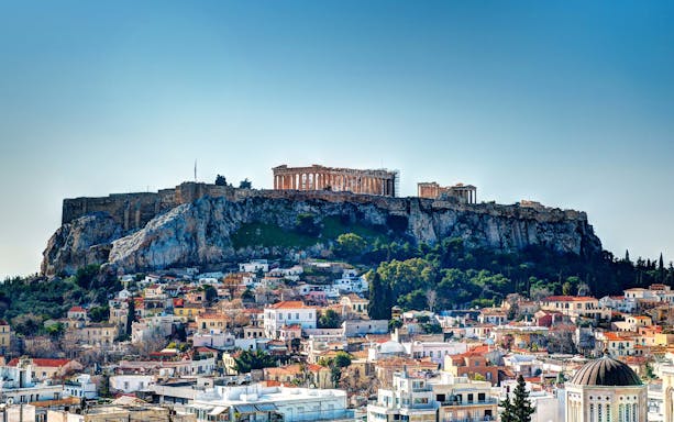 Acropolis hill with Parthenon in Athens during guided walking tour.
