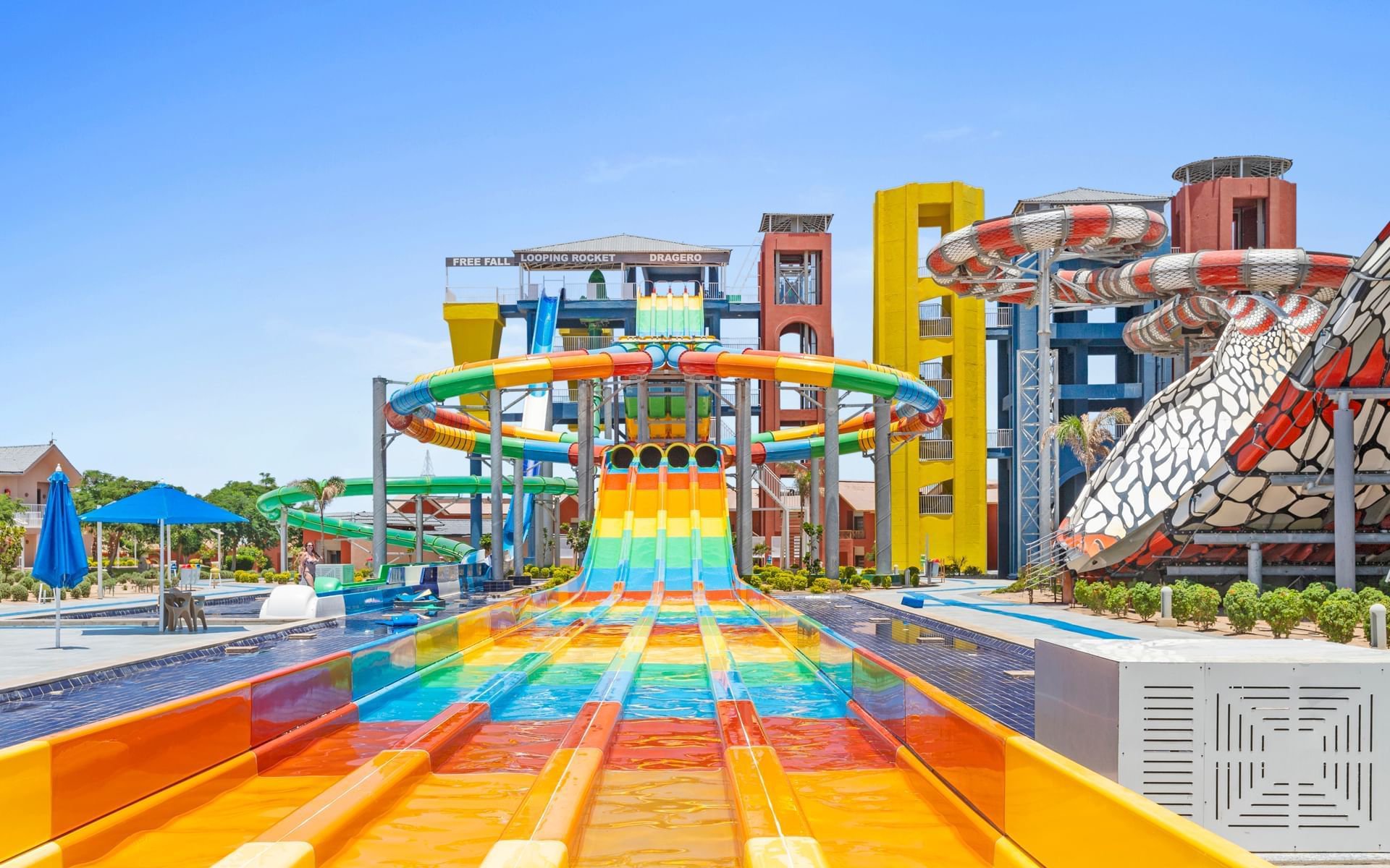 Long colorful water slides at Neverland Waterpark, Pickalbatros, Hurghada.