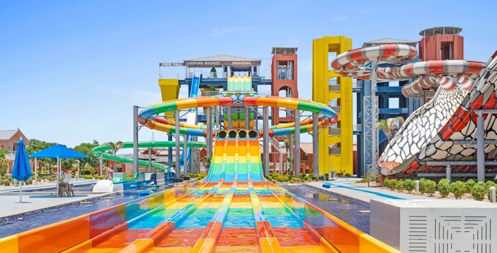Long colorful water slides at Neverland Waterpark, Pickalbatros, Hurghada.