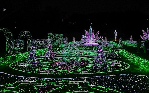 Lumina Park Wonderworld installations with vibrant light displays and illuminated sculptures.