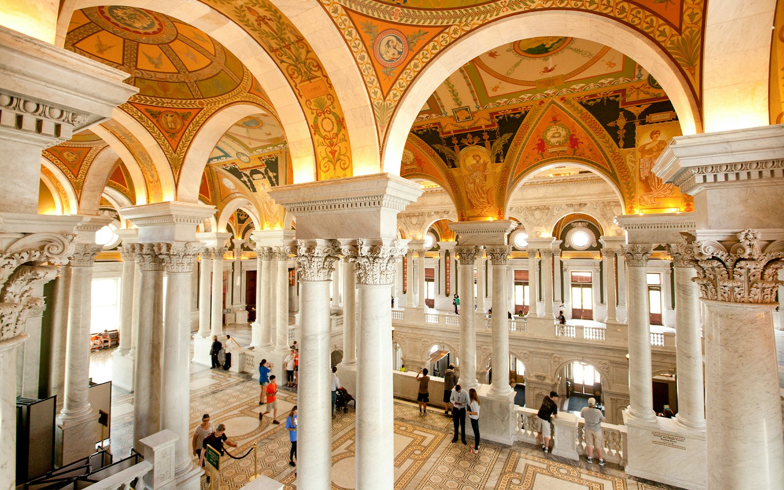 Library of Congress interior with ornate columns and arches, Washington D.C.
