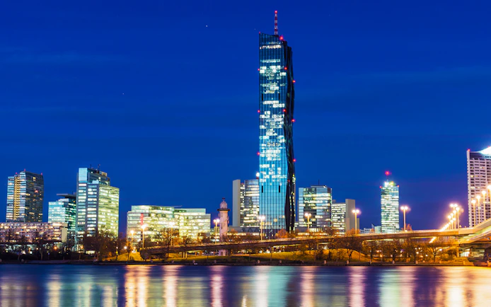 Vienna skyline at night featuring DC Tower I, Austria.