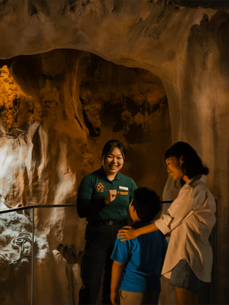 Ranger giving a talk to visitors inside a cavern.