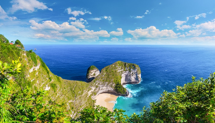 Scenic view of Kelingking Beach on West Nusa Penida Island with cliffs and ocean.