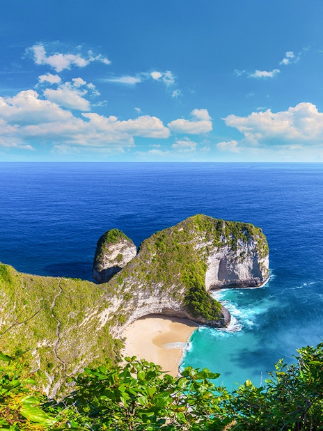 Scenic view of Kelingking Beach on West Nusa Penida Island with cliffs and ocean.