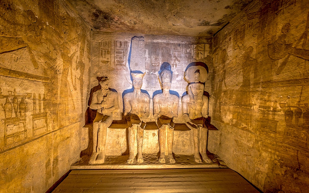 Seated statues inside Abu Simbel Temple Complex, Egypt.