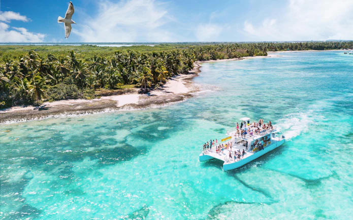 Catamaran sailing near palm-lined Saona Island coast in turquoise waters.